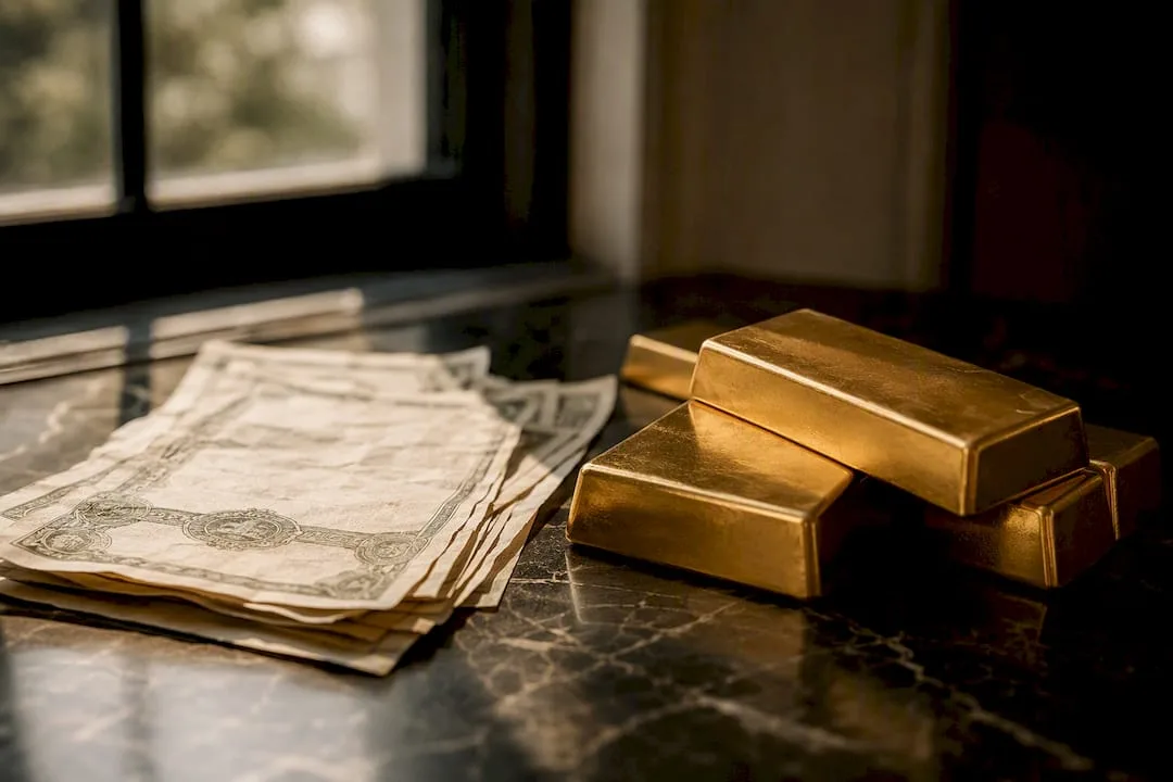 Gold bars beside treasury bond edges