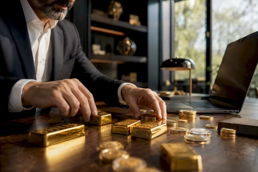 Hands weighing gold bars and coins