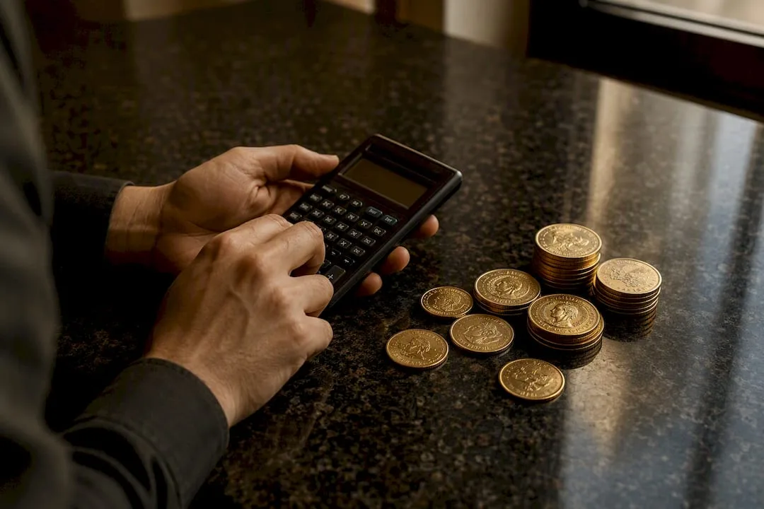 Hands calculating gold premiums with calculator