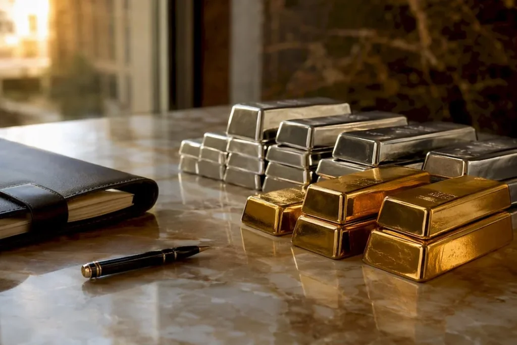 Close-up of gold and silver bullion bars