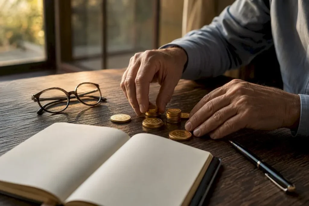 Hands weighing gold coins on precision scale