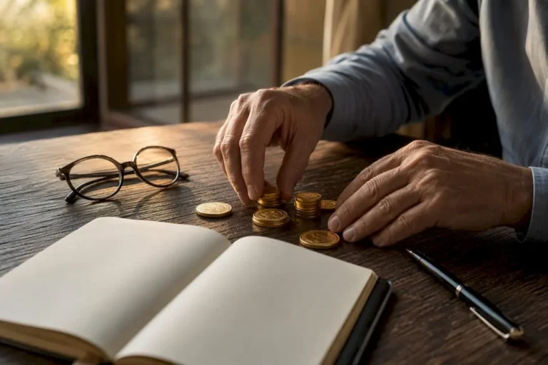 Hands weighing gold coins on precision scale