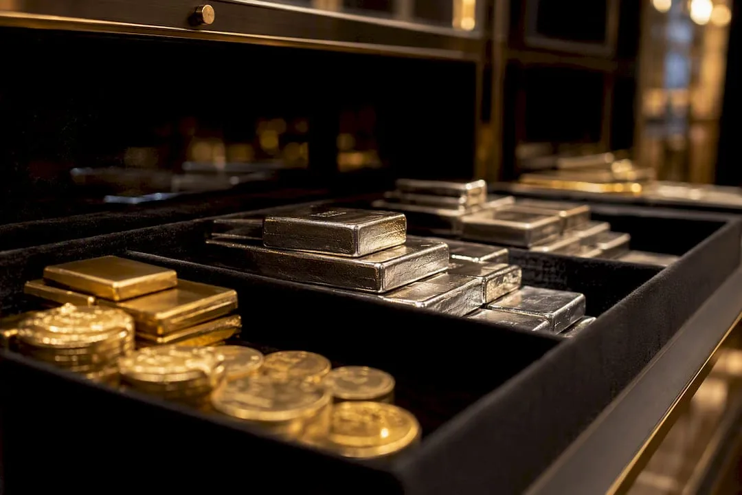 Close-up of precious metal bars display