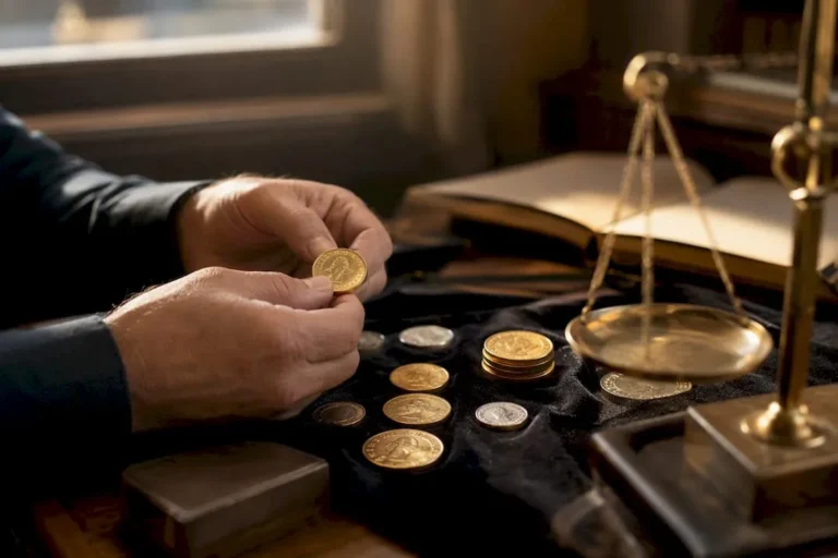 Hands weighing gold and silver coins on scale