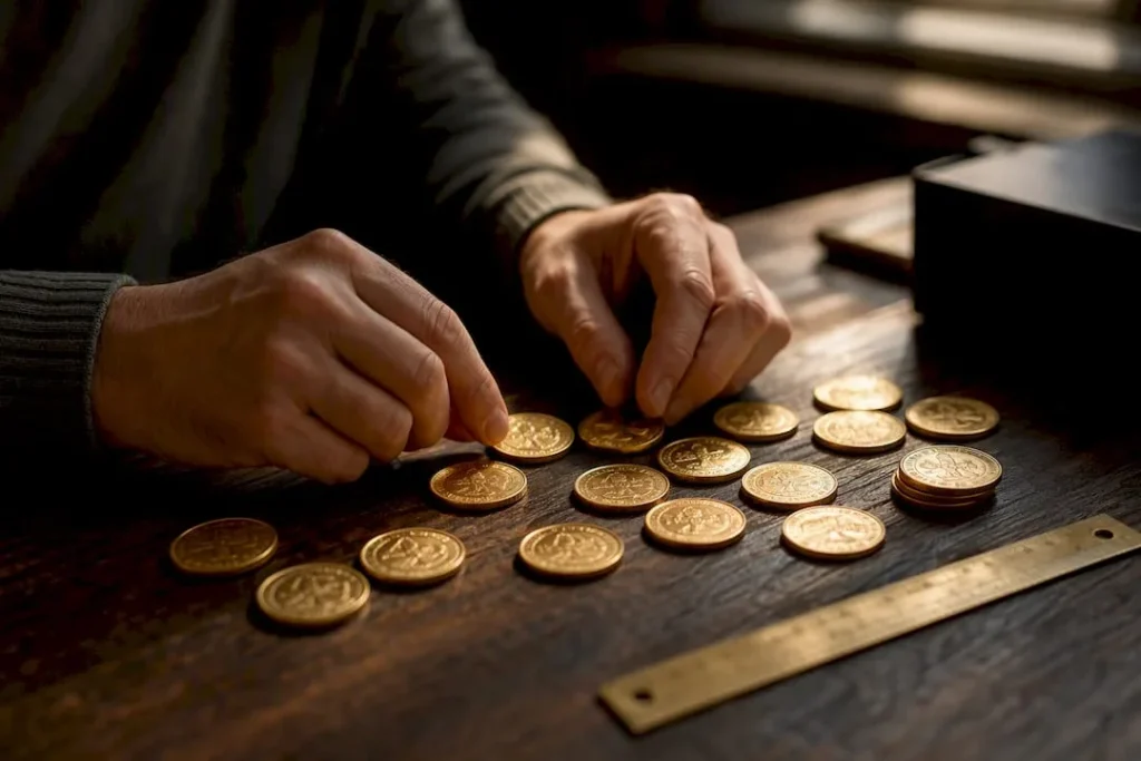 Hands weighing gold bullion coins on scale