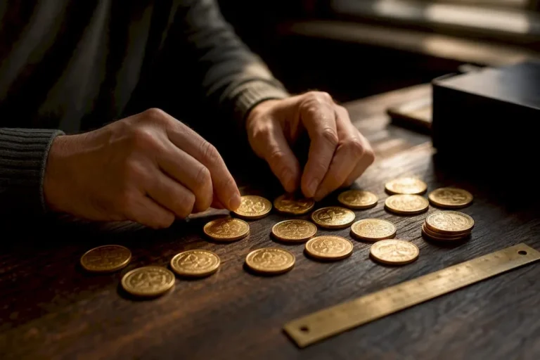Hands weighing gold bullion coins on scale