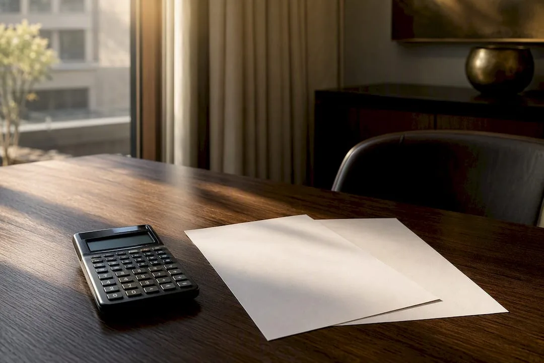 Calculator and contract papers on stone table