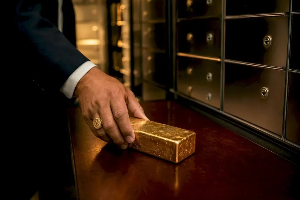 Hand placing gold bar in secure vault