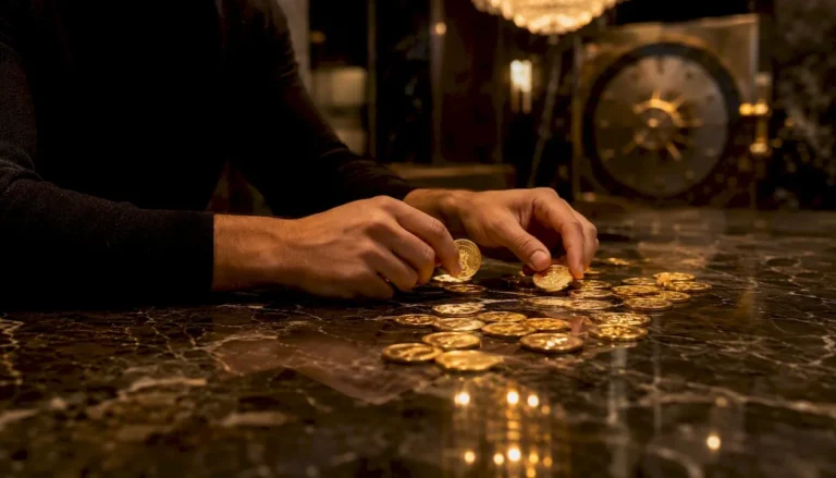 Hands stacking gold bullion bars and coins