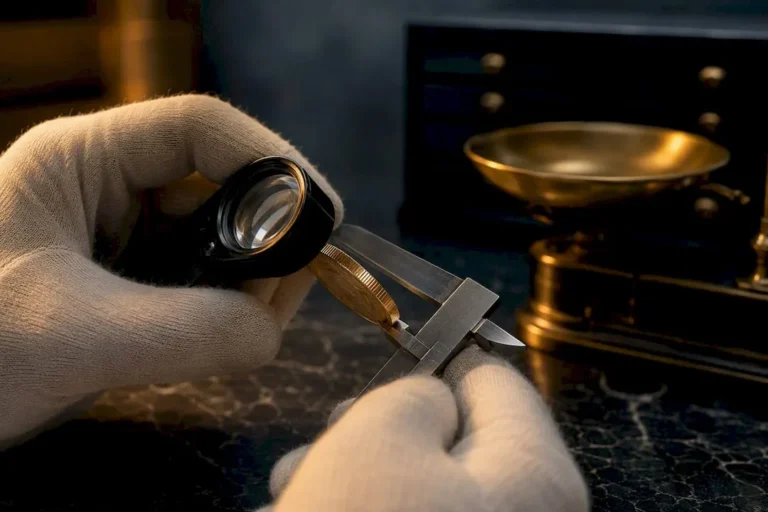 Dealer inspecting bullion coin edge