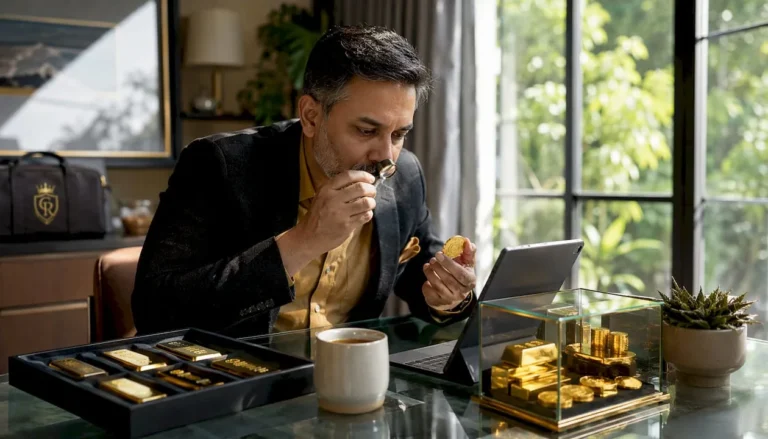 Investor inspecting gold coins with price charts