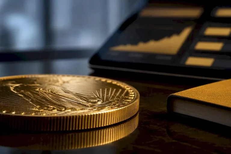 Gold coin edge beside abstract investment display