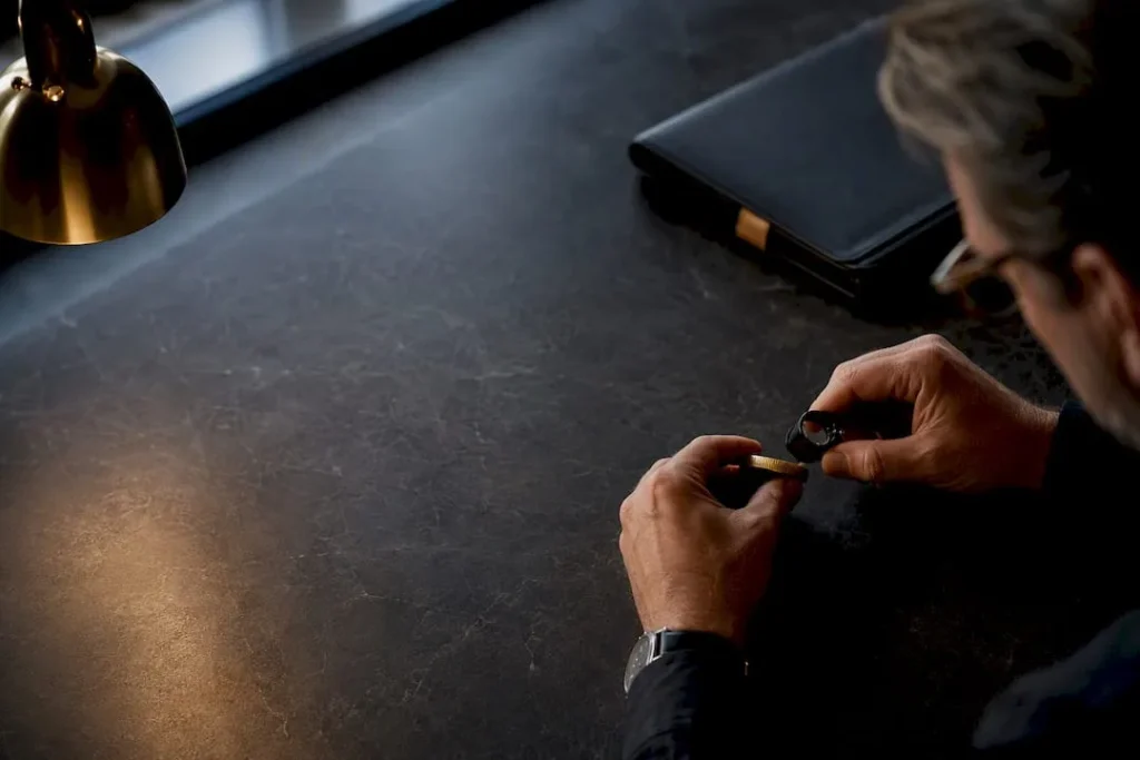 Investor examining cropped gold coin edge