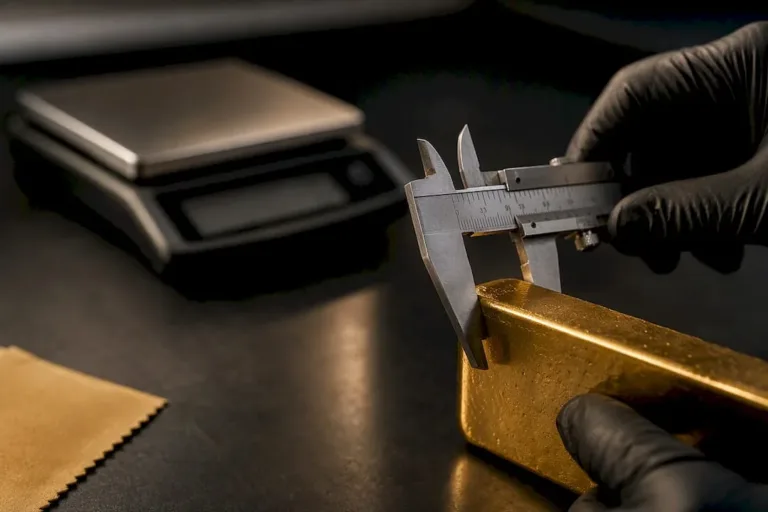 Technician measuring anonymous gold bar edge