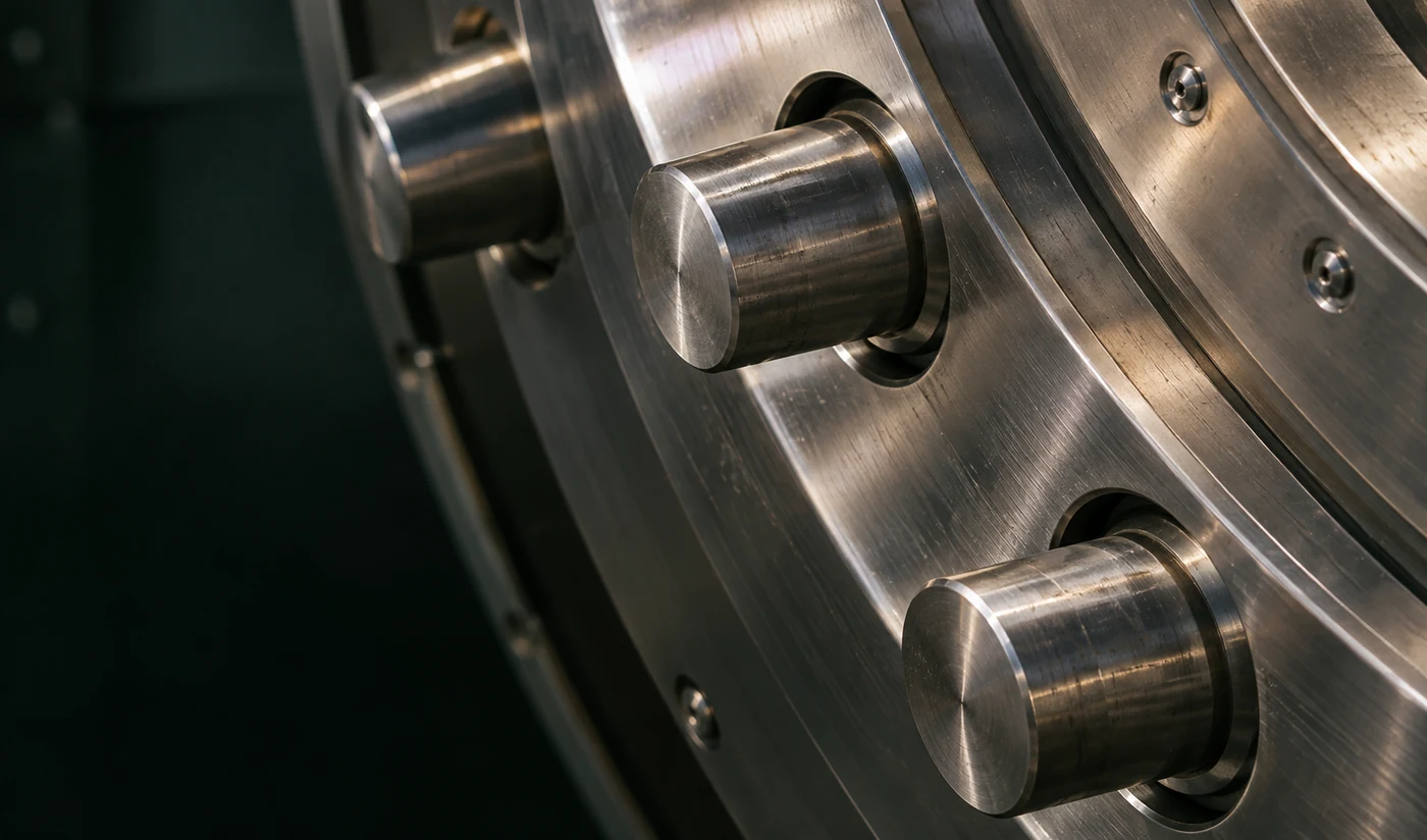 AI-generated architectural study of machined steel vault-door locking bolts.