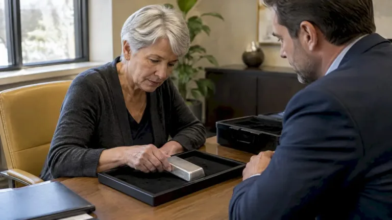 Client examining platinum bar during IRA consultation