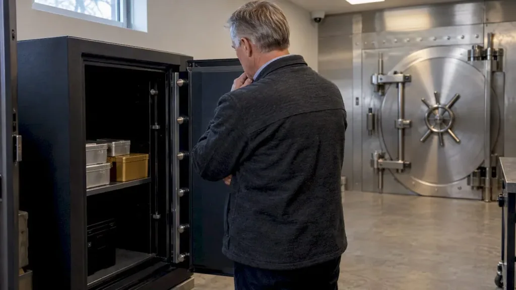 Investor comparing home safe and depository vault