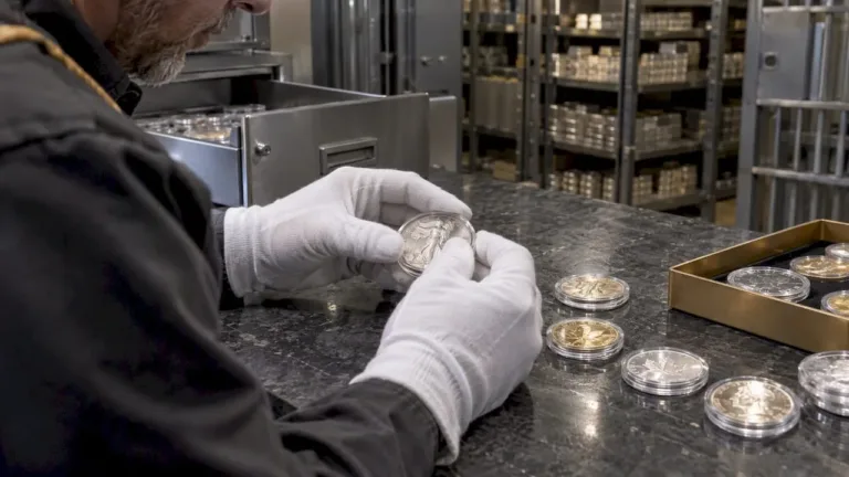 Custodian inspecting coins in secure depository