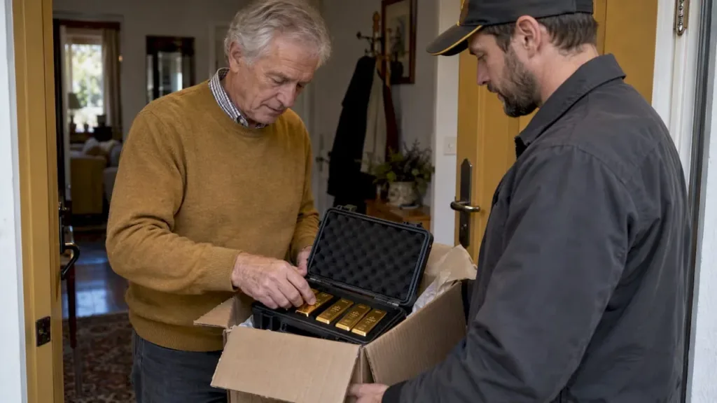 Retiree checking a delivered gold IRA shipment