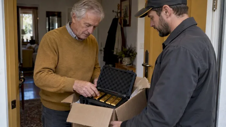 Retiree checking a delivered gold IRA shipment