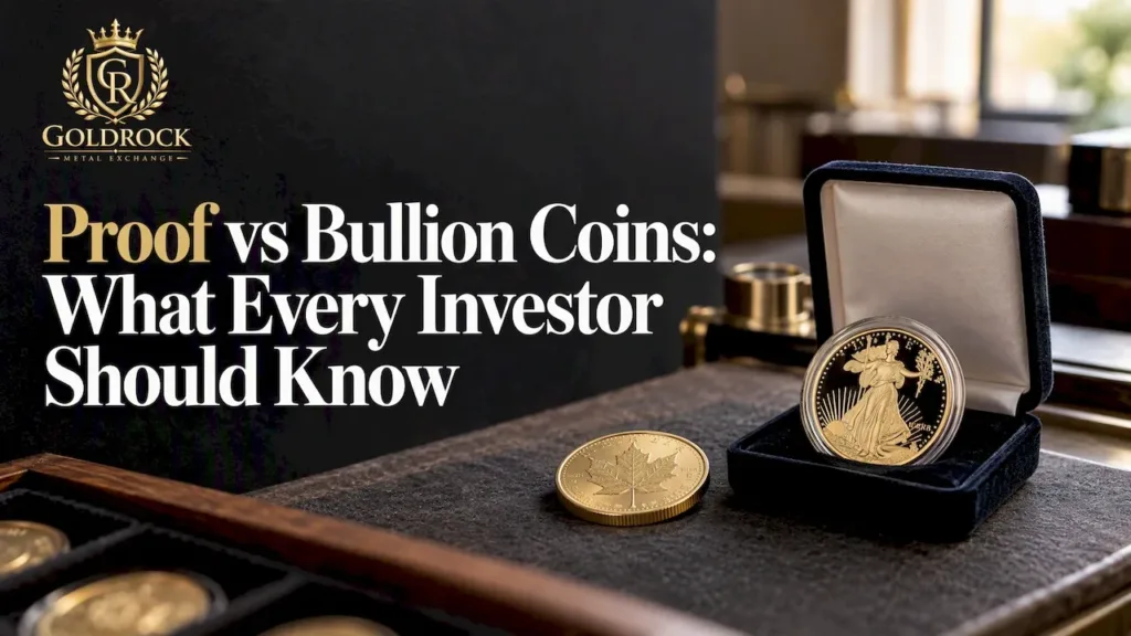 Proof and bullion coins on counter