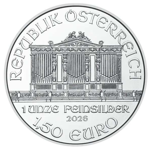2026 1 oz Silver Austrian Philharmonic — pictured 2026 BU obverse