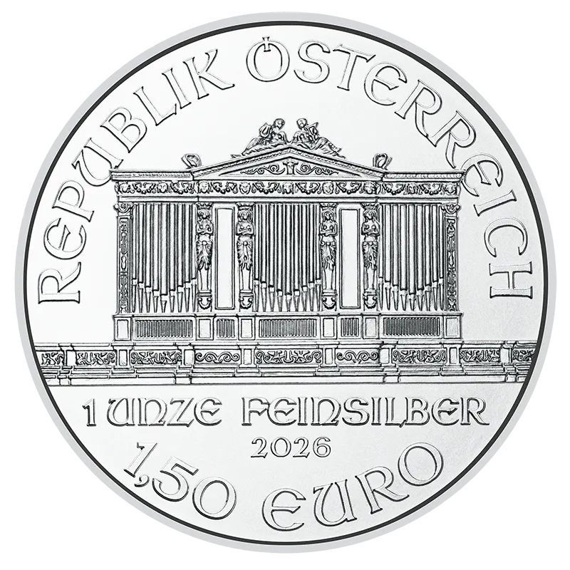2026 1 oz Silver Austrian Philharmonic — pictured 2026 BU obverse