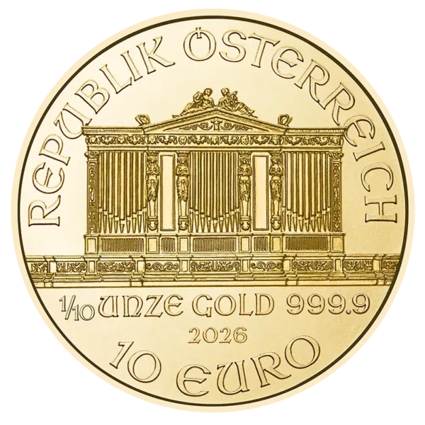 1/10 oz Gold Austrian Philharmonic — pictured 2026 BU obverse