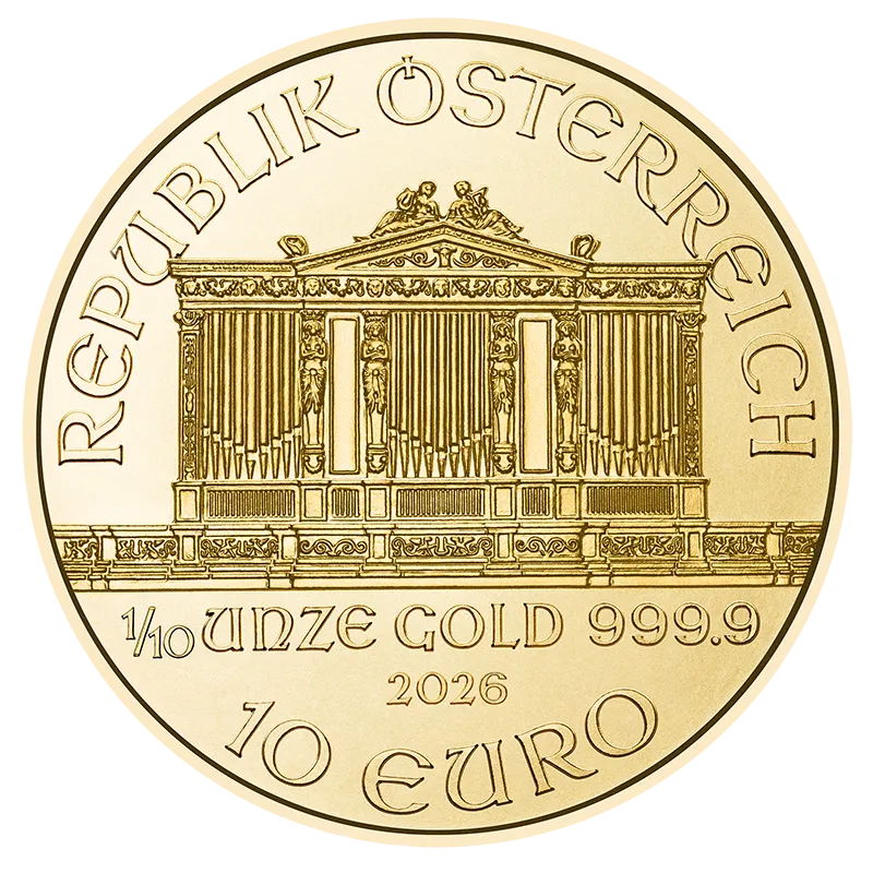 1/10 oz Gold Austrian Philharmonic — pictured 2026 BU obverse